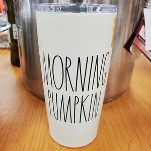 NEW RAE DUNN MORNING PUMPKIN REUSABLE TUMBLER CREAM BLACK METAL Cup